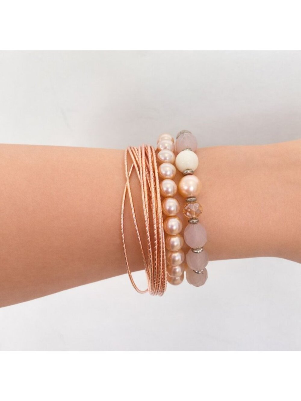 Set Of Rose Gold Bangles & Beaded Stretch Bracelets With Pearl & Gemstone Accent